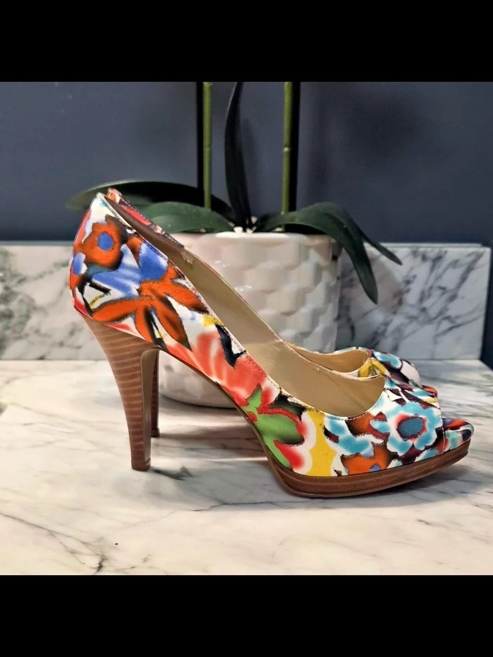 Nine West Multicolor Floral Peep-Toe Heels